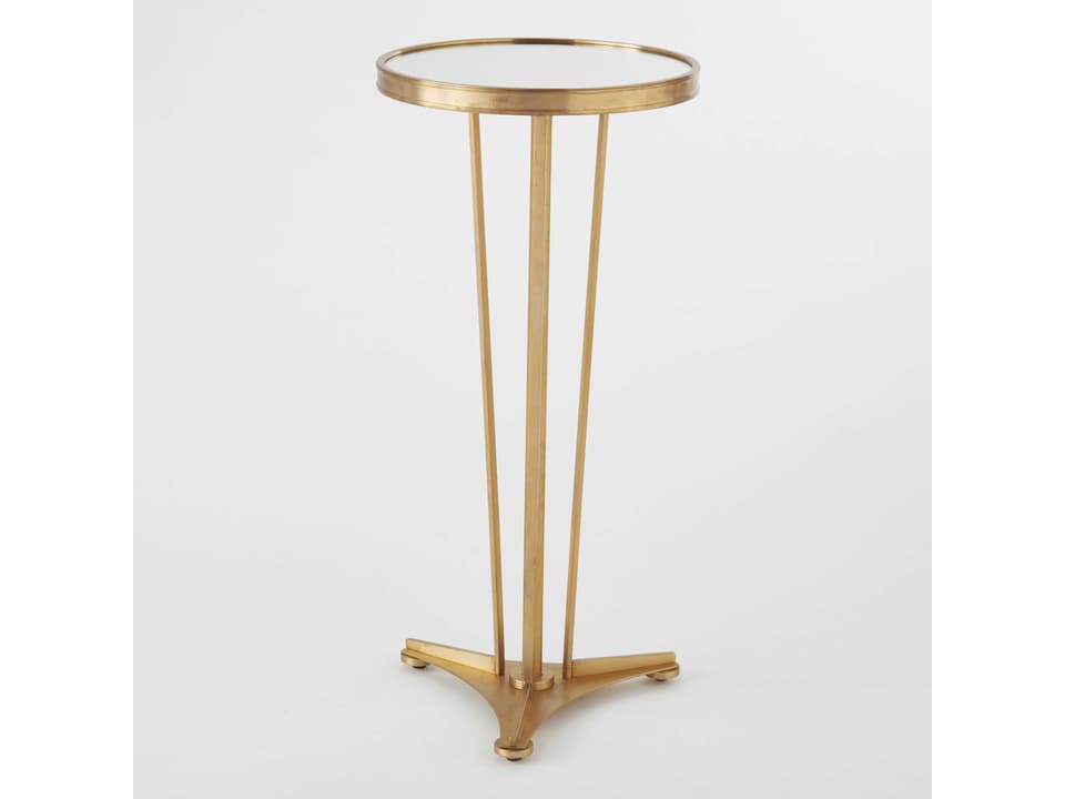 French Moderne Round End Table in Antique Brass with Mirrored Top