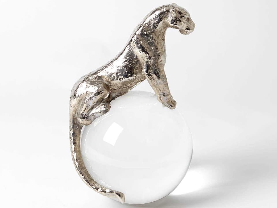 Jaguar on Crystal Sphere Nickel Sculpture