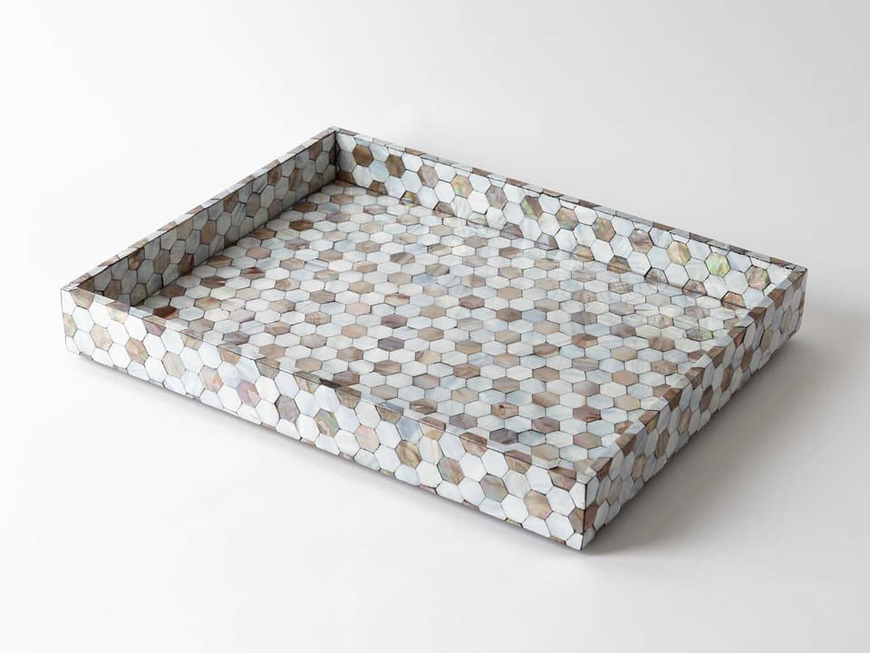 Large Mother of Pearl Decorative Tray in Pale Blue