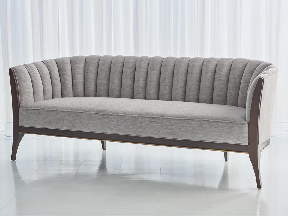 Channel Back Upholstered Sofa in Silversmith Fabric with Dark Waxed Walnut Base