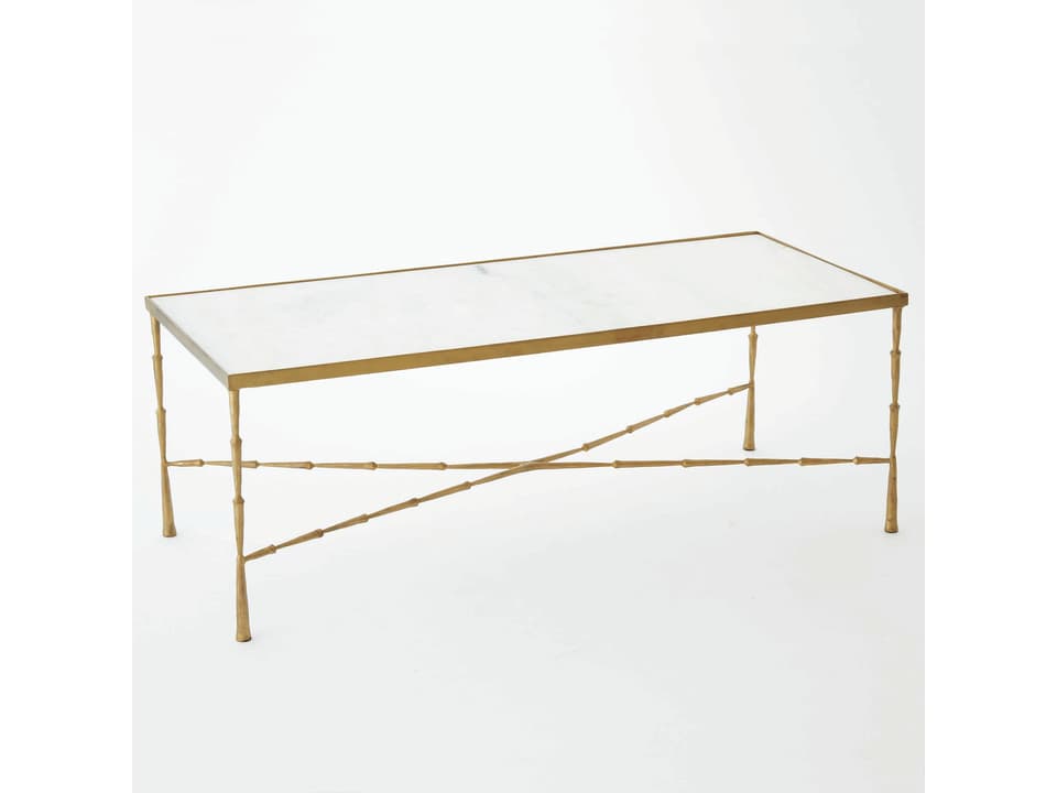 Spike Rectangular Coffee Table in Antique Brass with White Marble Top