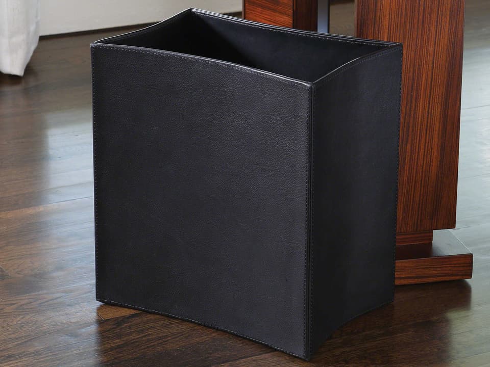 Folded Leather Wastebasket in Black