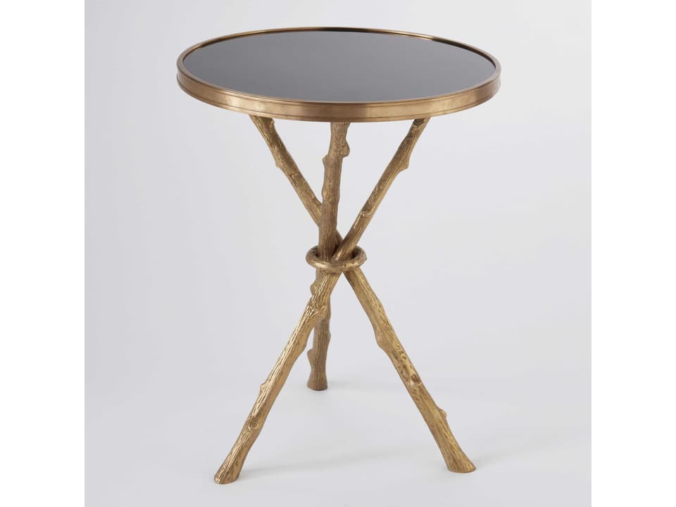 Twig Round Granite End Table in Brass with Black Granite Top