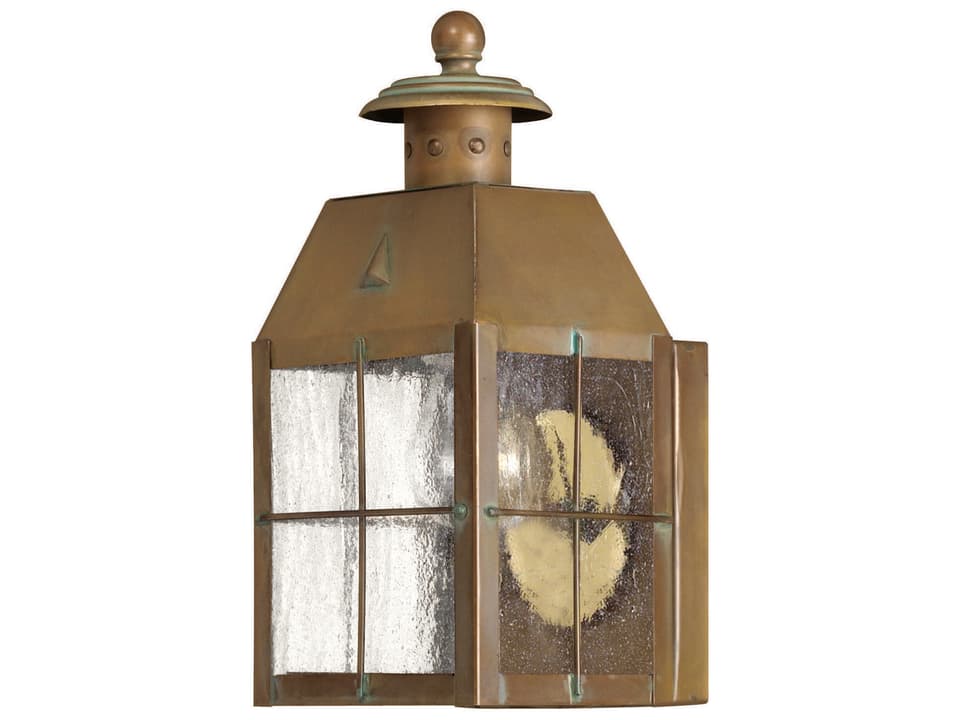 Nantucket Small Wall Mount Outdoor Sconce in Aged Brass with Clear Seedy Glass
