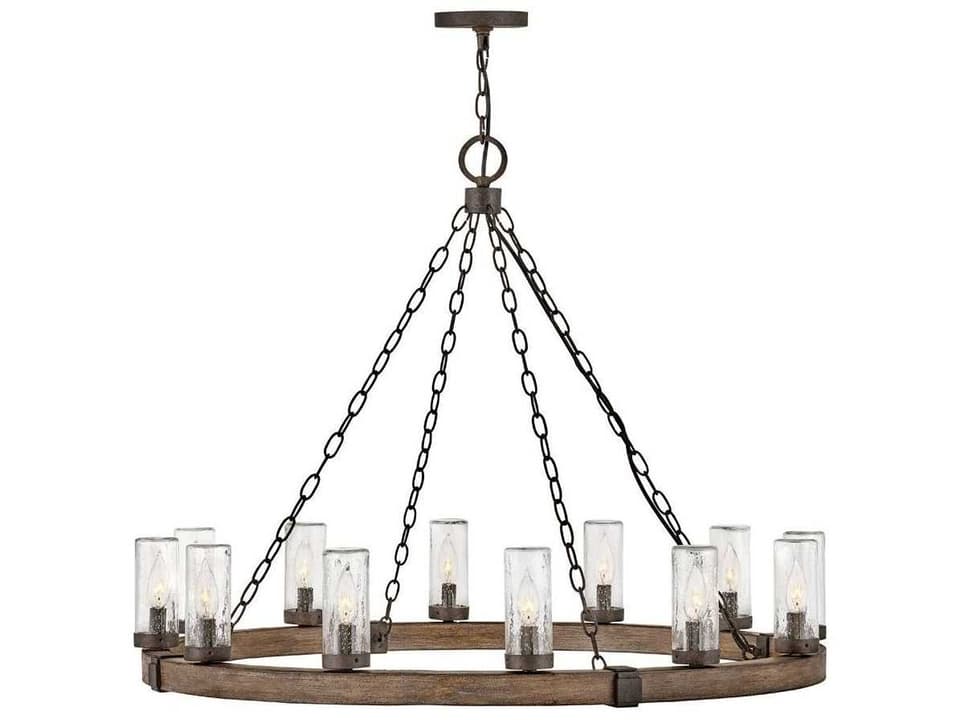 Sawyer 12-Light LED Outdoor Chandelier in Sequoia with Clear Seedy Glass