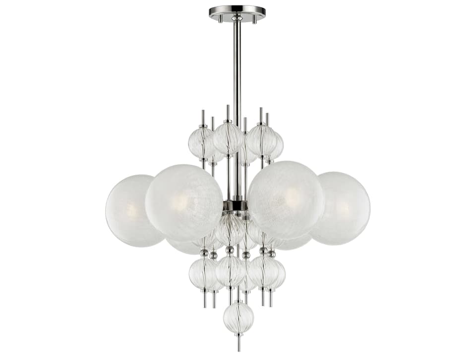 Calypso 6-Light Chandelier in Polished Nickel with Crackled Glass
