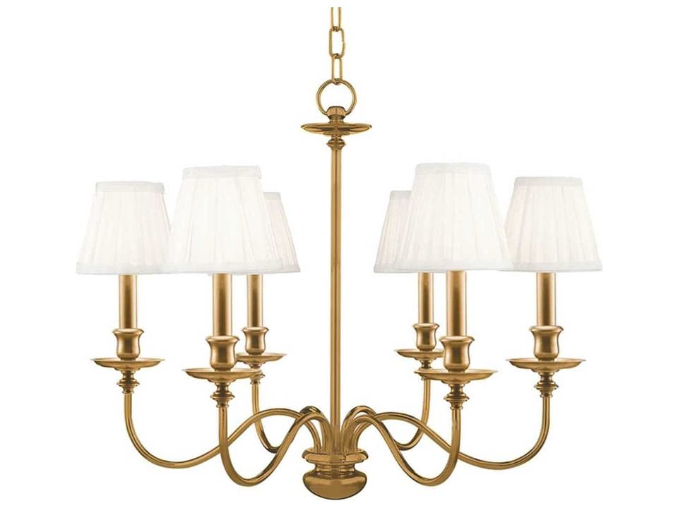 Menlo Park 6-Light Chandelier with Off White Faux Silk Shades in Aged Brass