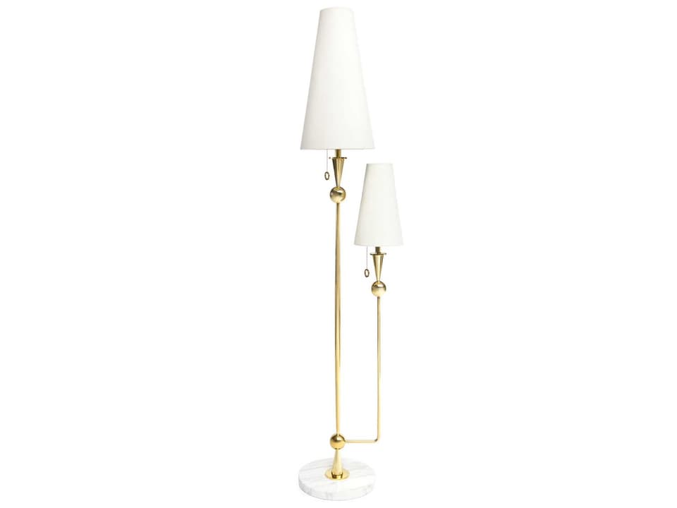 Caracas 2-Light Floor Lamp in Polished Brass with White Linen Shades