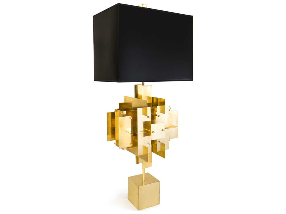Puzzle Table Lamp in Antiqued Brass with Black Linen Shade