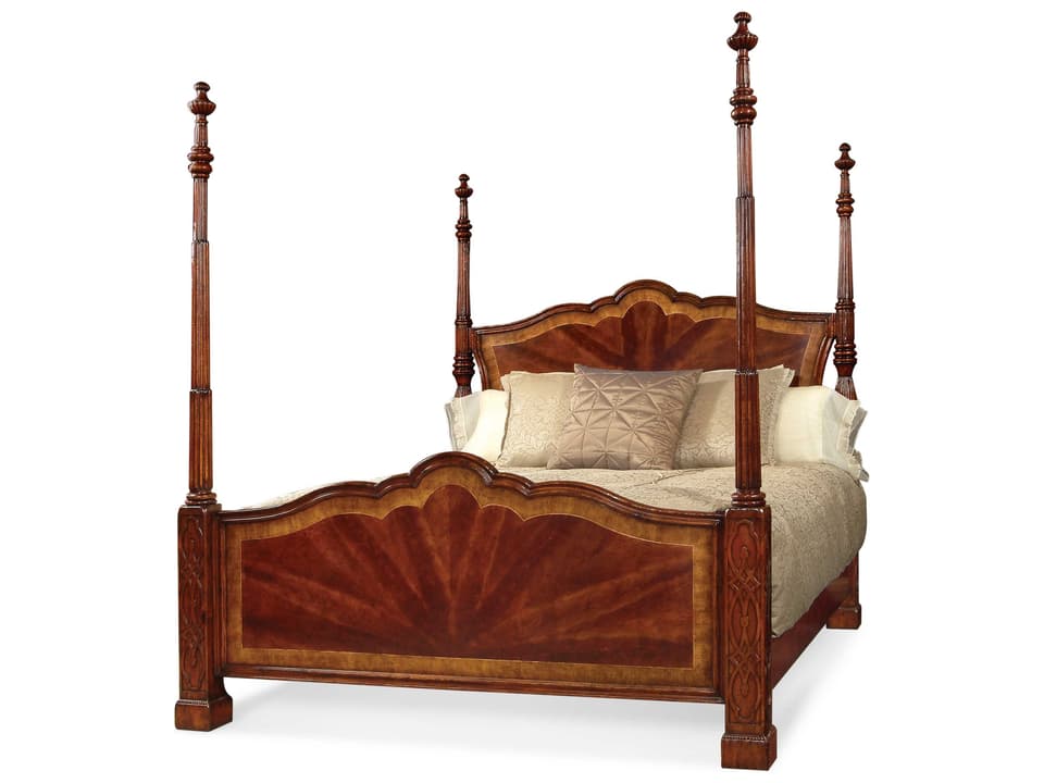 JC Traditional Antique Mahogany Brown Wood King Poster Bed