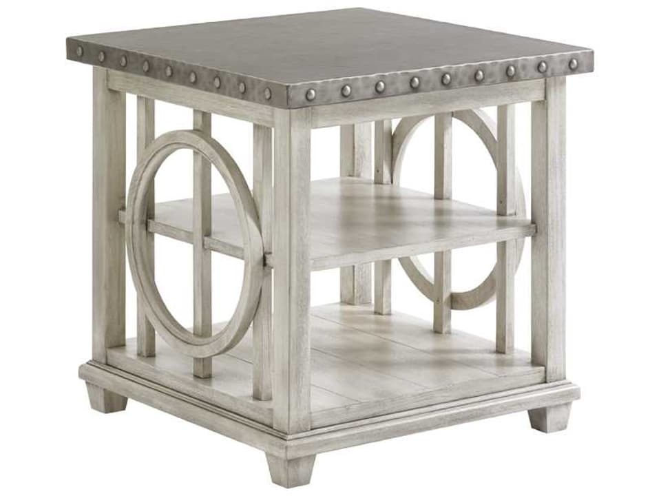 Oyster Bay Lewiston Square Lamp End Table in Burnished Stainless Steel and Oyster Gray