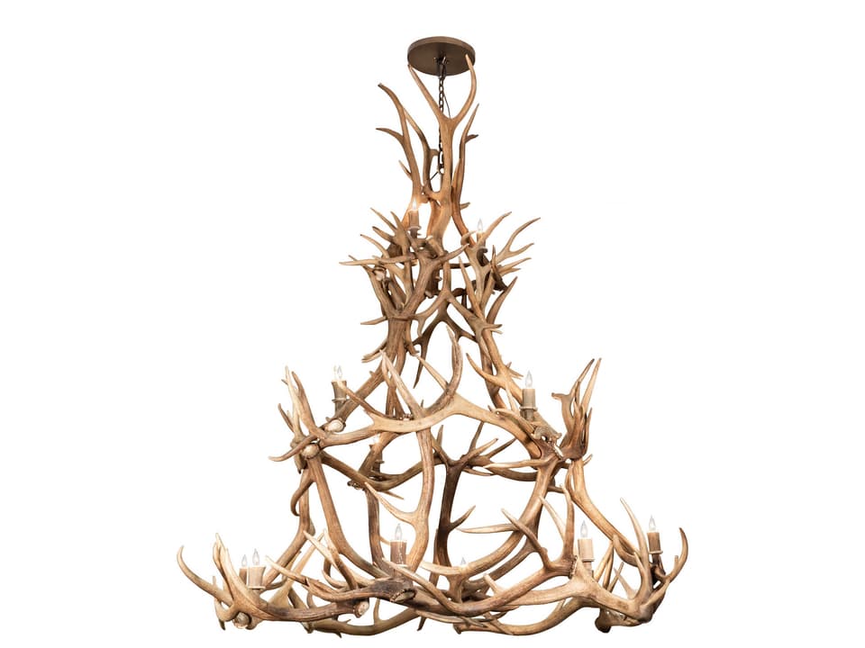 16-Light Antlers Tiered Chandelier Antique Copper with Off-White Candelabras