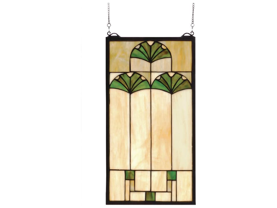 Tiffany Ginkgo Stained Glass Window Panel in Cottage Green and Beige