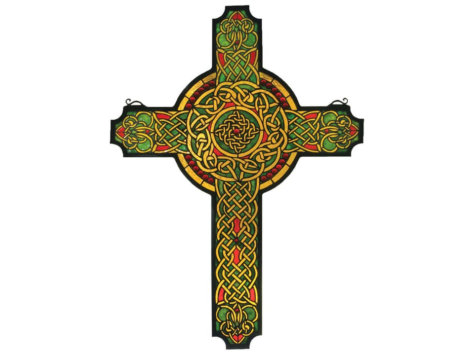 Tiffany Jeweled Celtic Cross Stained Glass Window Panel