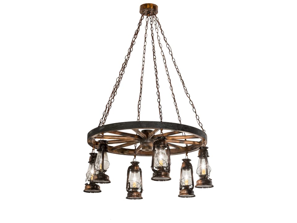 Miners Lantern 6-Light Round Chandelier in Vintage Copper and Natural Wood