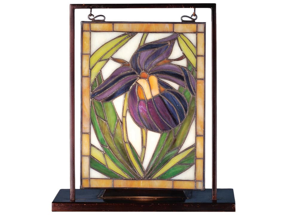 Lady Slippers Stained Glass Lighted Mini Tabletop Window Art Panel