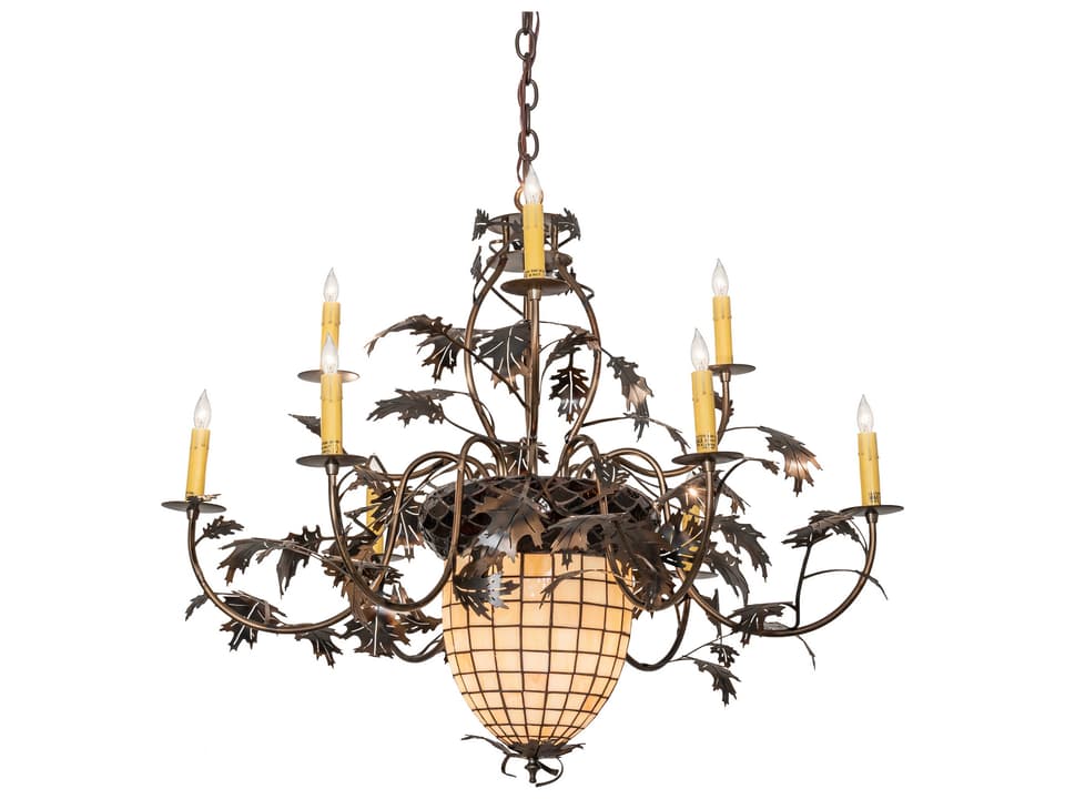 Greenbriar Oak 11-Light Stained Glass Bell Candelabra Chandelier in Antique Copper