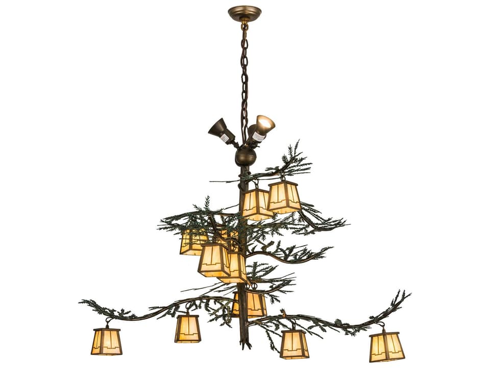 Pine Branch Valley View 12-Light Chandelier in Antique Copper with Art Glass