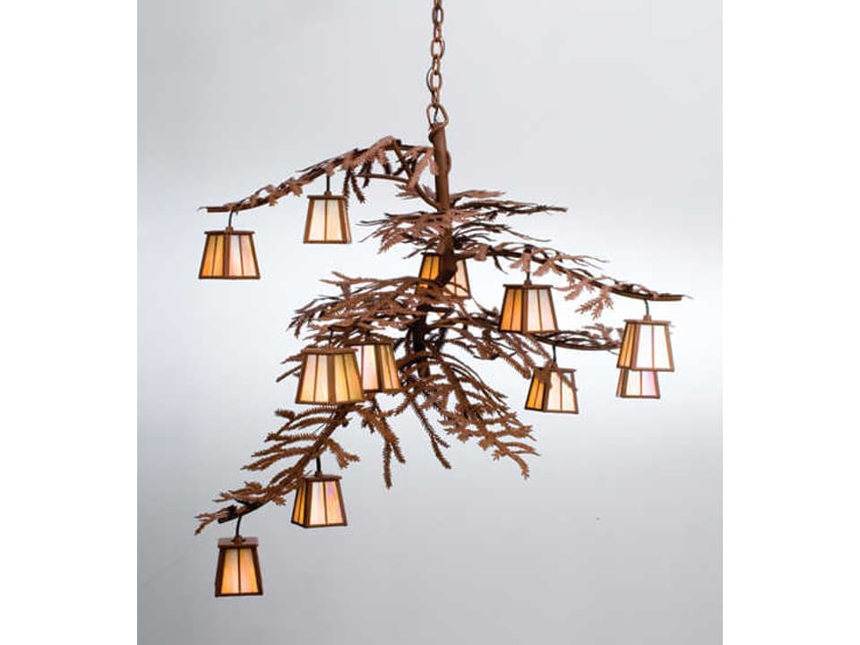 Pine Branch 12-Light Chandelier with Rust Finish and Beige Iridescent Glass