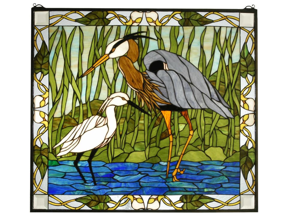 Tiffany Blue Heron Snowy Egret Stained Glass Window