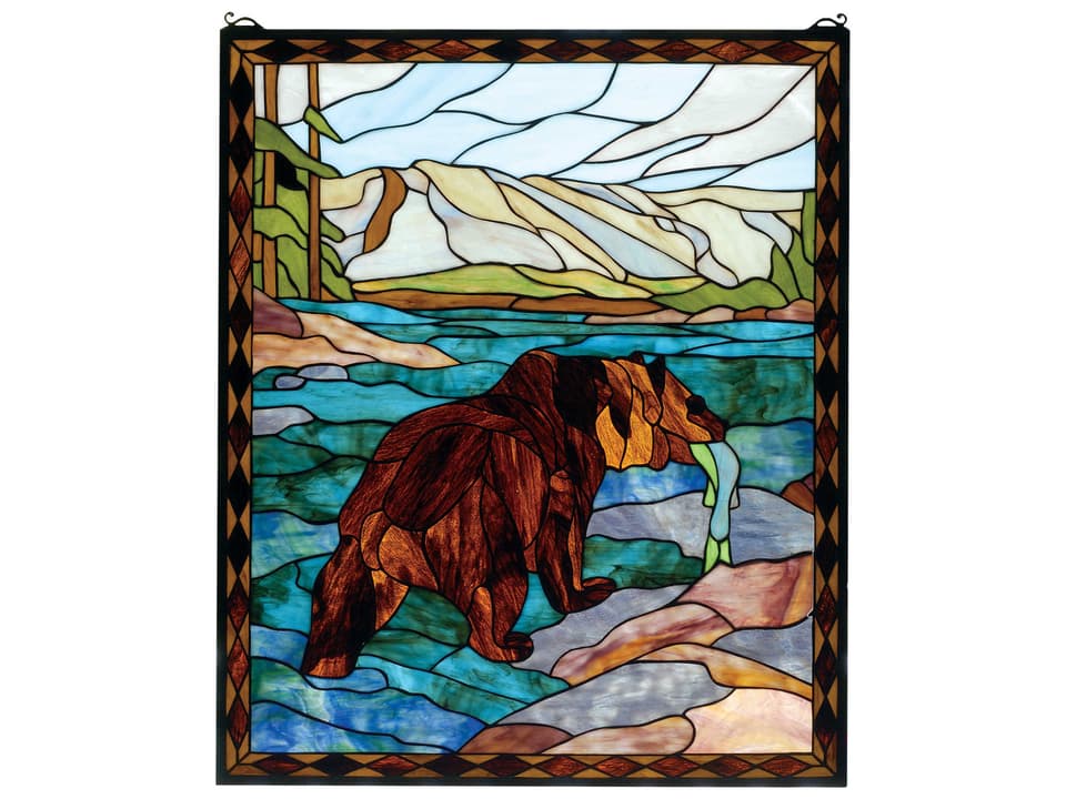 Tiffany Grizzly Bear Stained Glass Window Panel Nature Inspired
