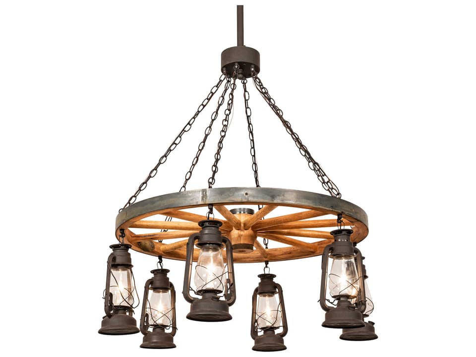 Miners Lantern 6-Light Wagon Wheel Chandelier in Dark Roast Brown with Clear Glass