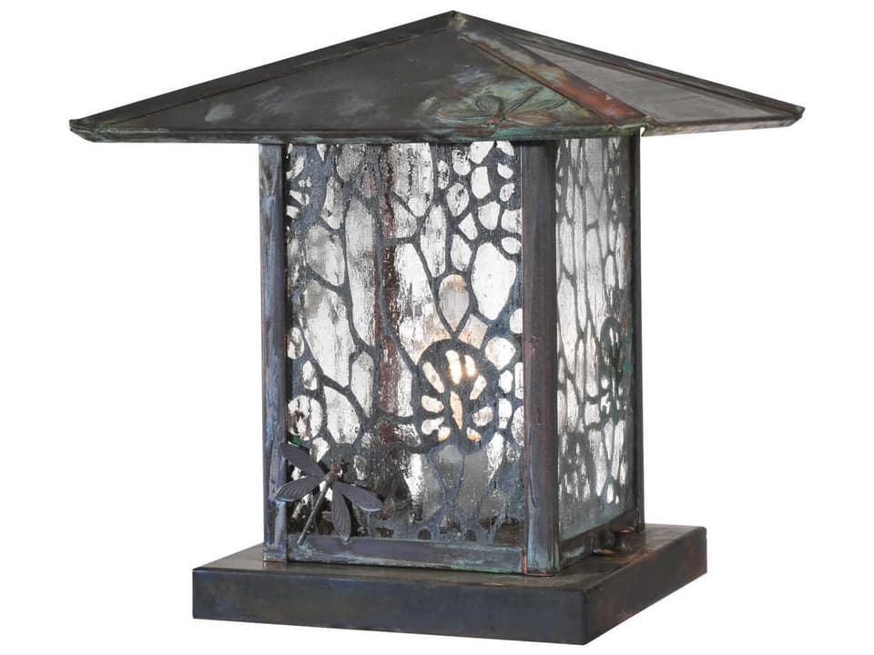 Seneca Lotus Leaf and Dragonfly Vintage Copper Outdoor Pier Mount Light