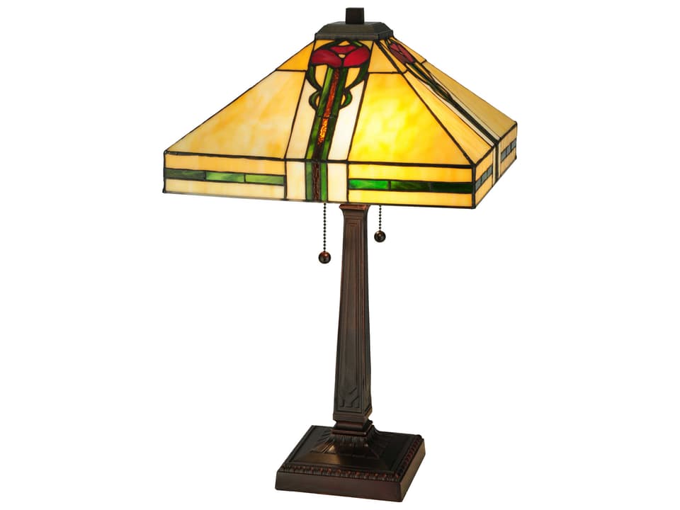 Tiffany Parker Poppy 2-Light Table Lamp in Mahogany Bronze with Stained Glass
