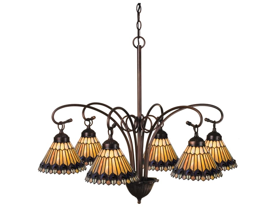 Tiffany 6-Light Jeweled Peacock Chandelier in Mahogany Bronze