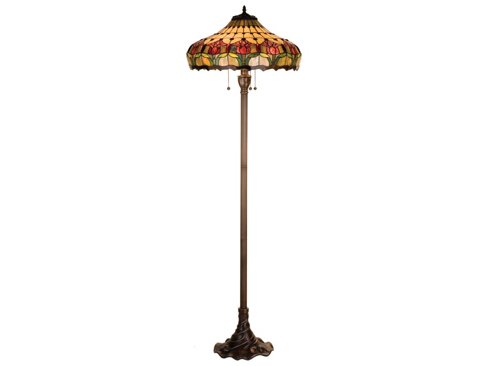 Tiffany Colonial Tulip 3-Light Stained Glass Floor Lamp Mahogany Bronze