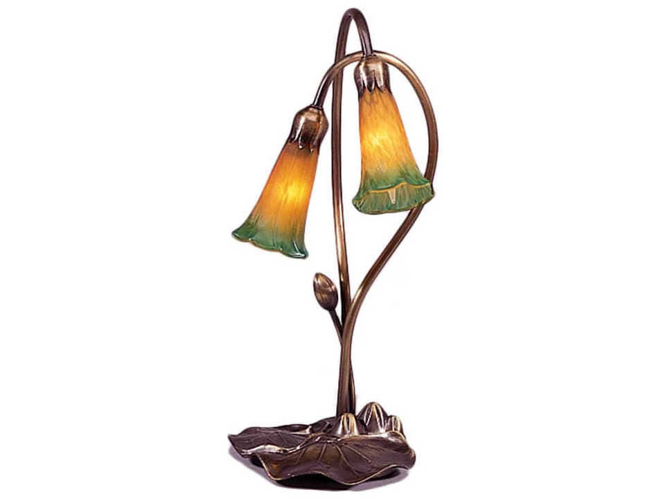 Tiffany Amber Green Pond Lily 2-Light Table Lamp with Mahogany Bronze Base