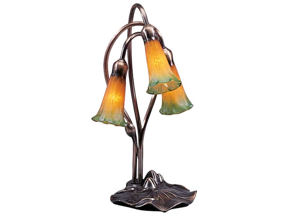 Tiffany Lilies Collection 3-Light Stained Glass Accent Table Lamp in Mahogany Bronze