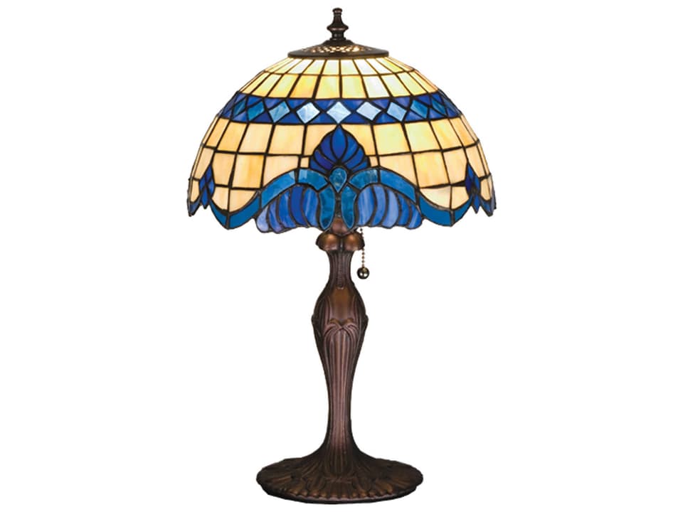 Tiffany Baroque 1-Light Accent Table Lamp in Mahogany Bronze with Blue Stained Glass