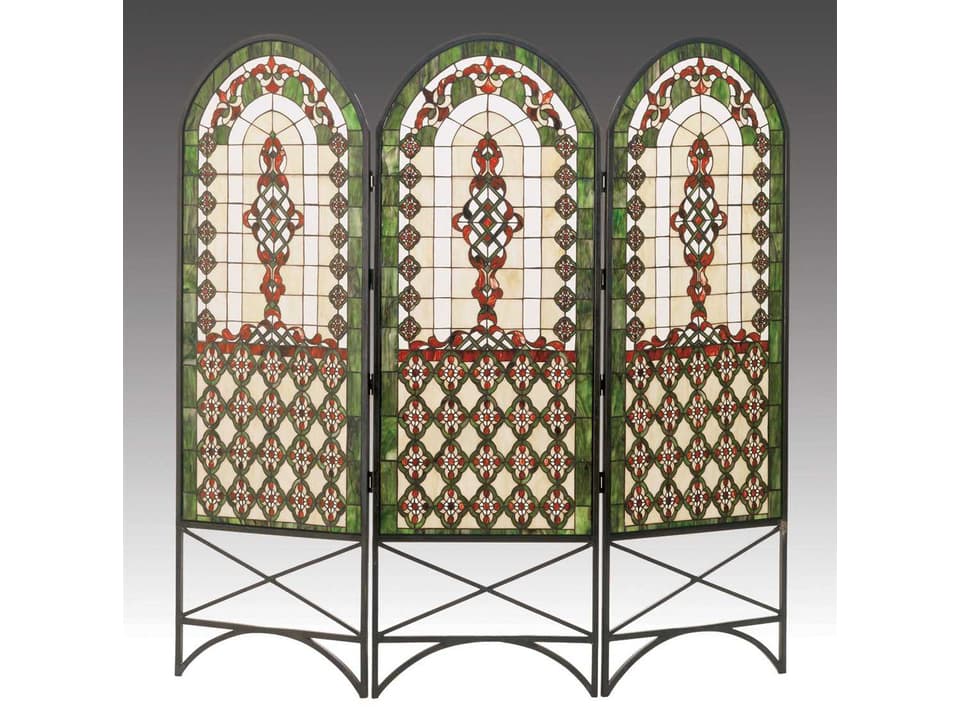 Quatrefoil Classical 3-Panel Folding Room Divider with Art Glass in Antique Copper Verdigris