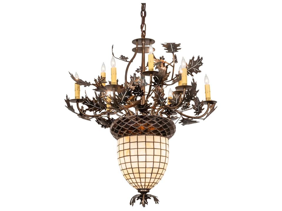 Oak Leaf & Acorn 11-Light Candelabra Chandelier Antique Copper Glass