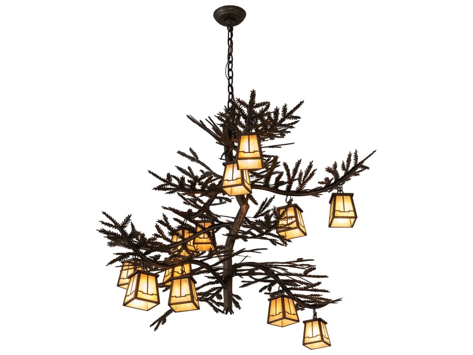 12-Light Pine Branch Valley View Chandelier in Gilded Tobacco with Beige Glass