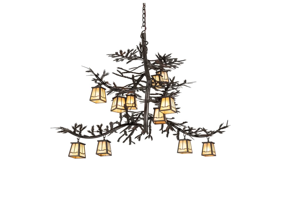 Pine Branch 12-Light Chandelier with Rust Copper Finish and Beige Iridescent Glass