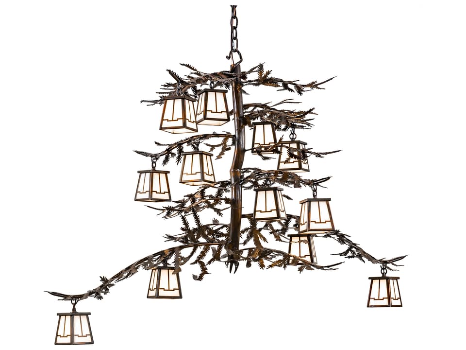 Pine Branch 12-Light Vintage Copper Linear Chandelier with White Opal Glass