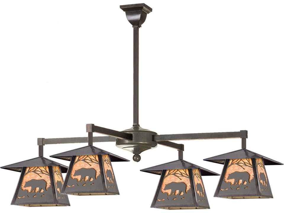 Stillwater Bear At Dawn 3-Light Bronze Lantern Chandelier Rustic Art Glass