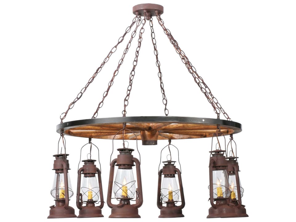 6-Light Miners Lantern Wagon Wheel Chandelier in Distressed Rust