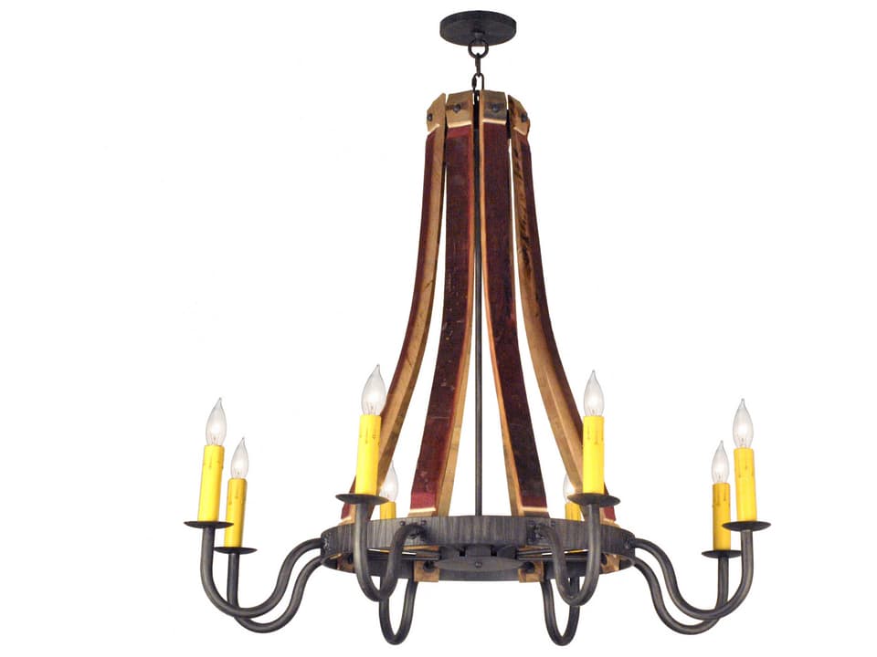 8-Light Barrel Stave Candelabra Chandelier with Red-Toned Wood and Iron Finish