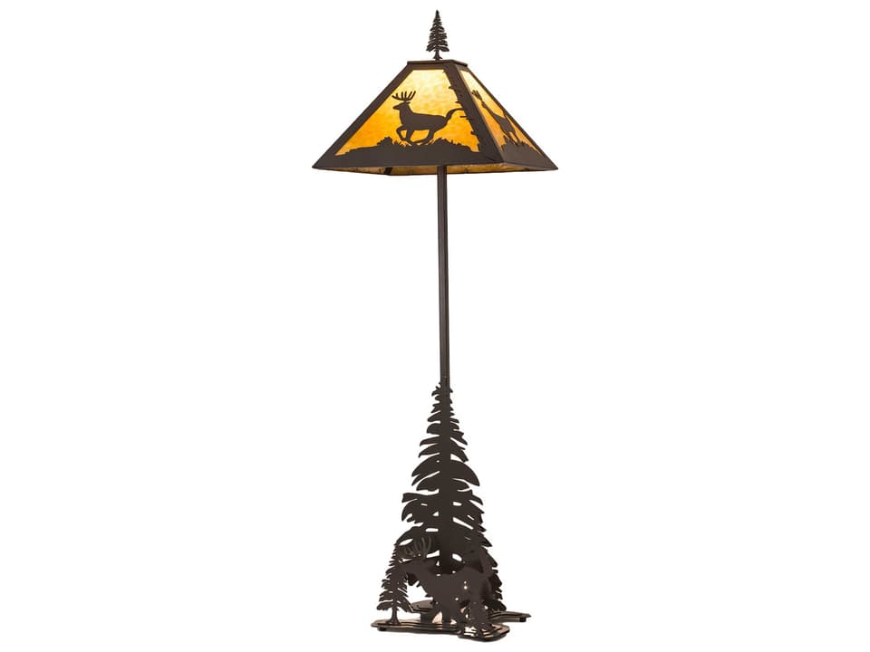 Lone Deer Brown Bronze Floor Lamp with Art Glass Shade Rustic Lodge
