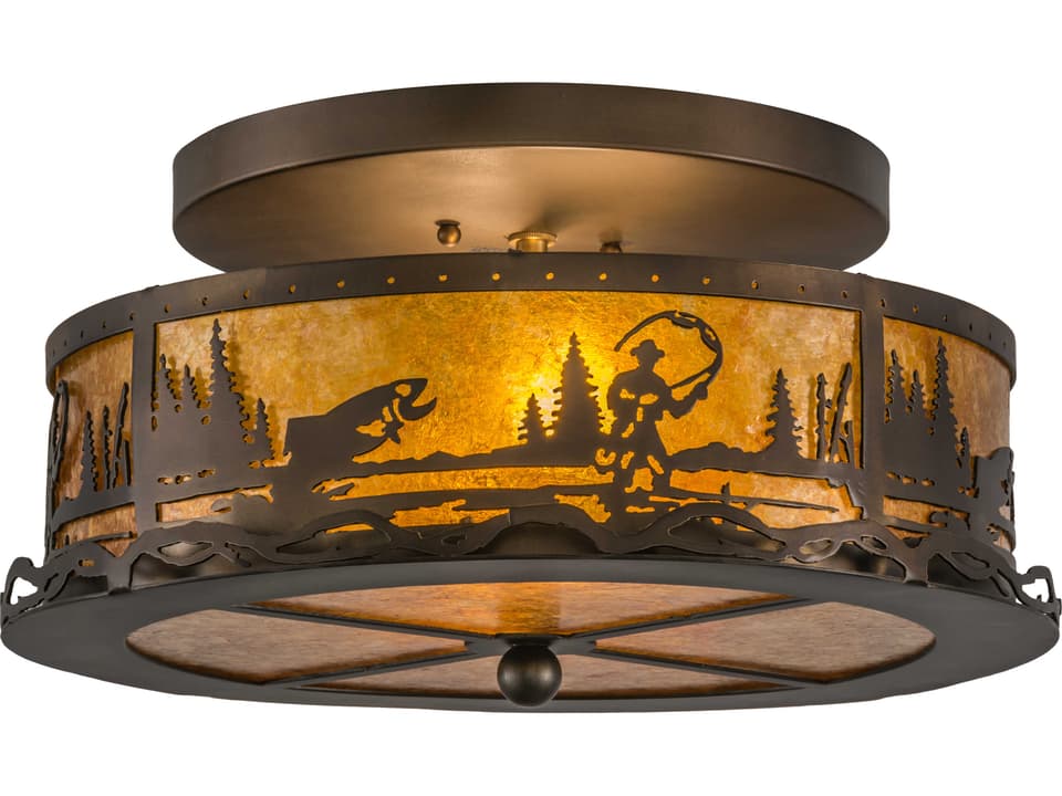 Fly Fishing Creek 2-Light Rustic Drum Flush Mount in Antique Copper