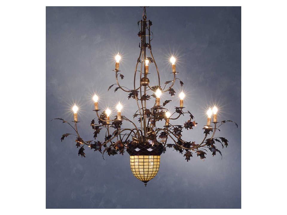 Greenbriar Oak 14-Light Tiffany Candelabra Chandelier Antique Copper