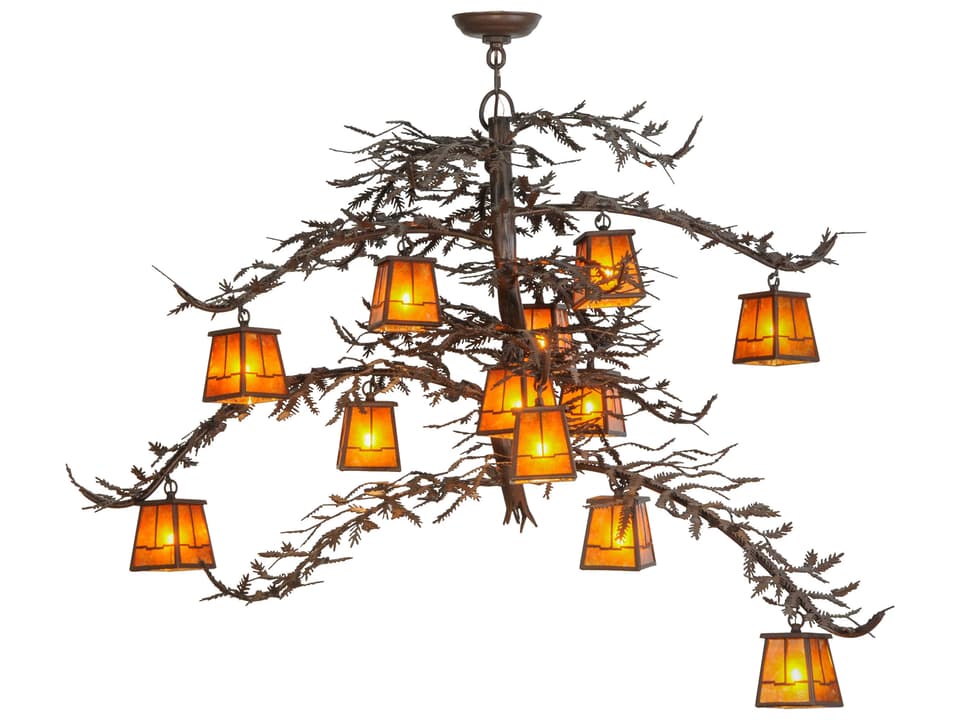 12-Light Pine Branch Valley View Amber Mica Lantern Chandelier in Cafe Noir