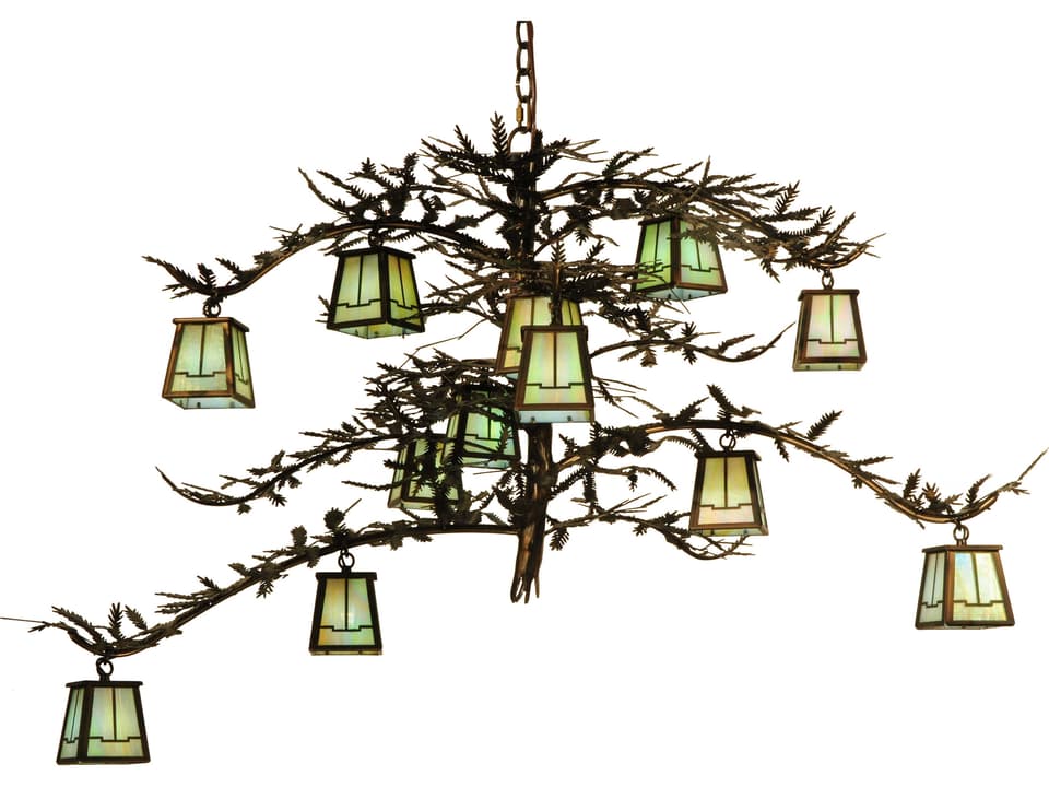 12-Light Pine Branch Valley View Tiered Chandelier with Green Glass Lanterns