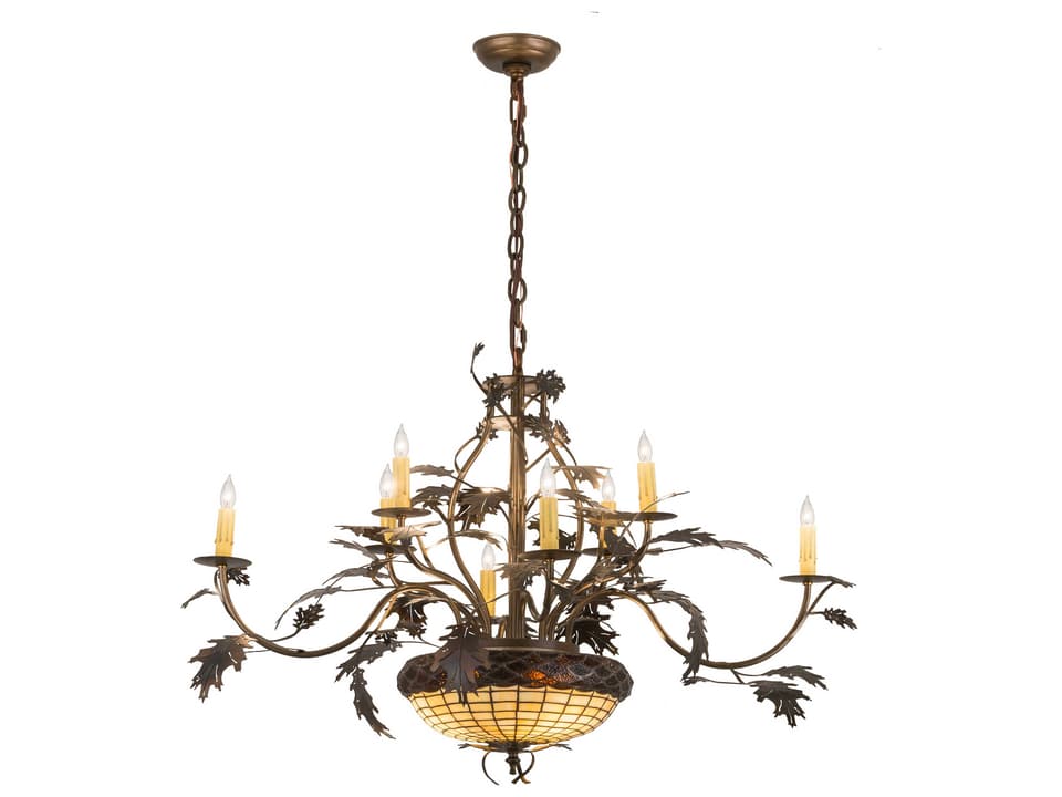 Tiffany Greenbriar Oak 11-Light Candelabra Chandelier in Dark Burnished Antique Copper