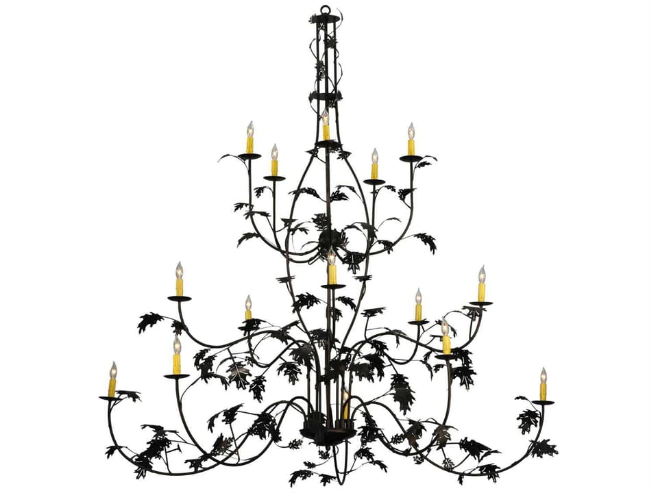 Oak Leaf 15-Light Chandelier in Mahogany Bronze and Green Accents