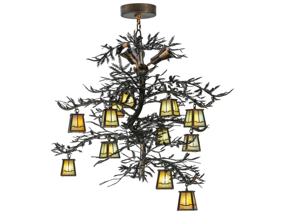 12-Light Pine Branch Valley View LED Lantern Chandelier in Antique Copper