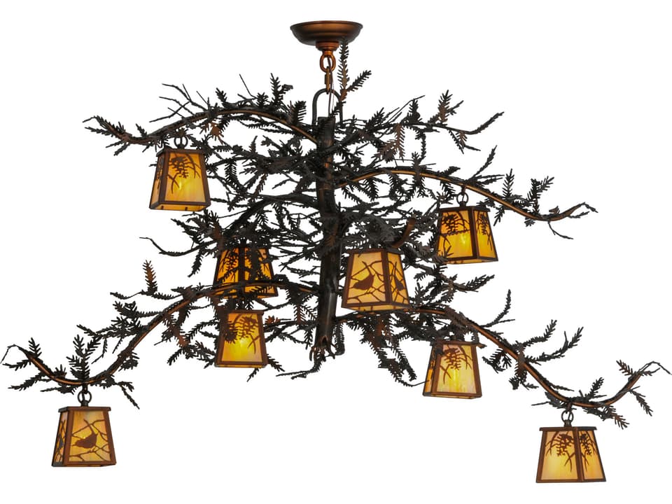 Pine Branch 8-Light Rustic Chandelier in Copper Finish with Art Glass